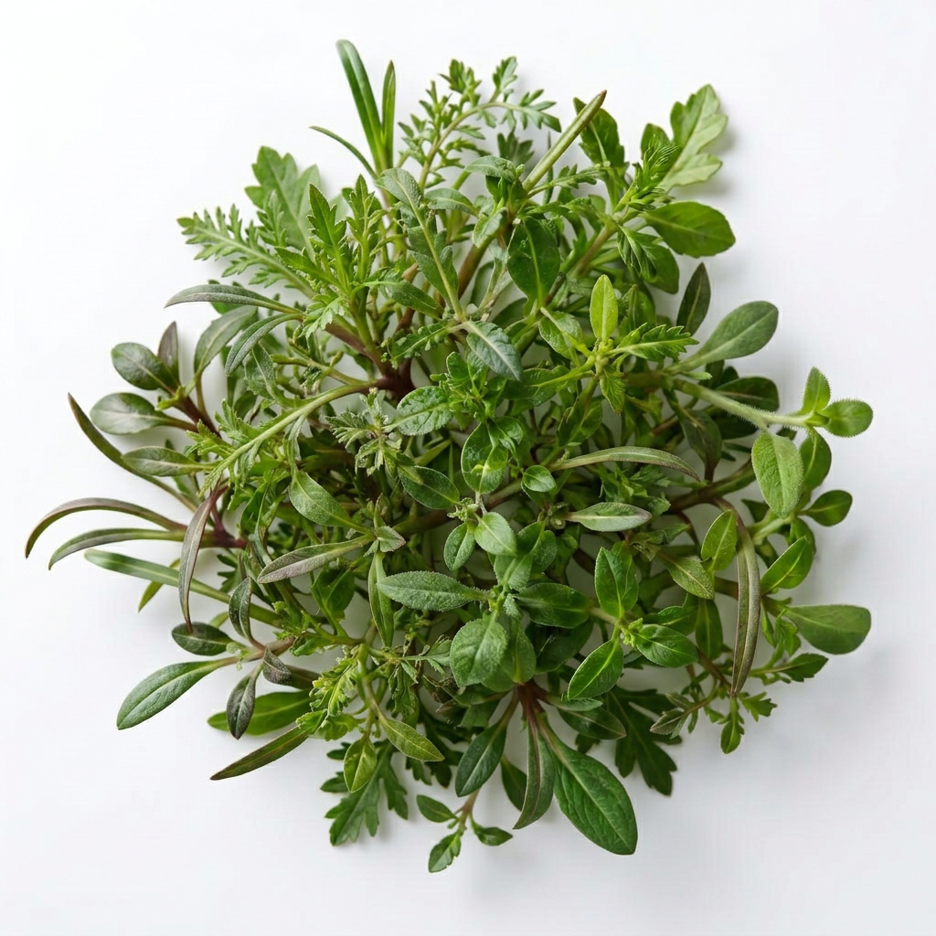 Foragers Mix of assorted Australian edible leaves on a white background