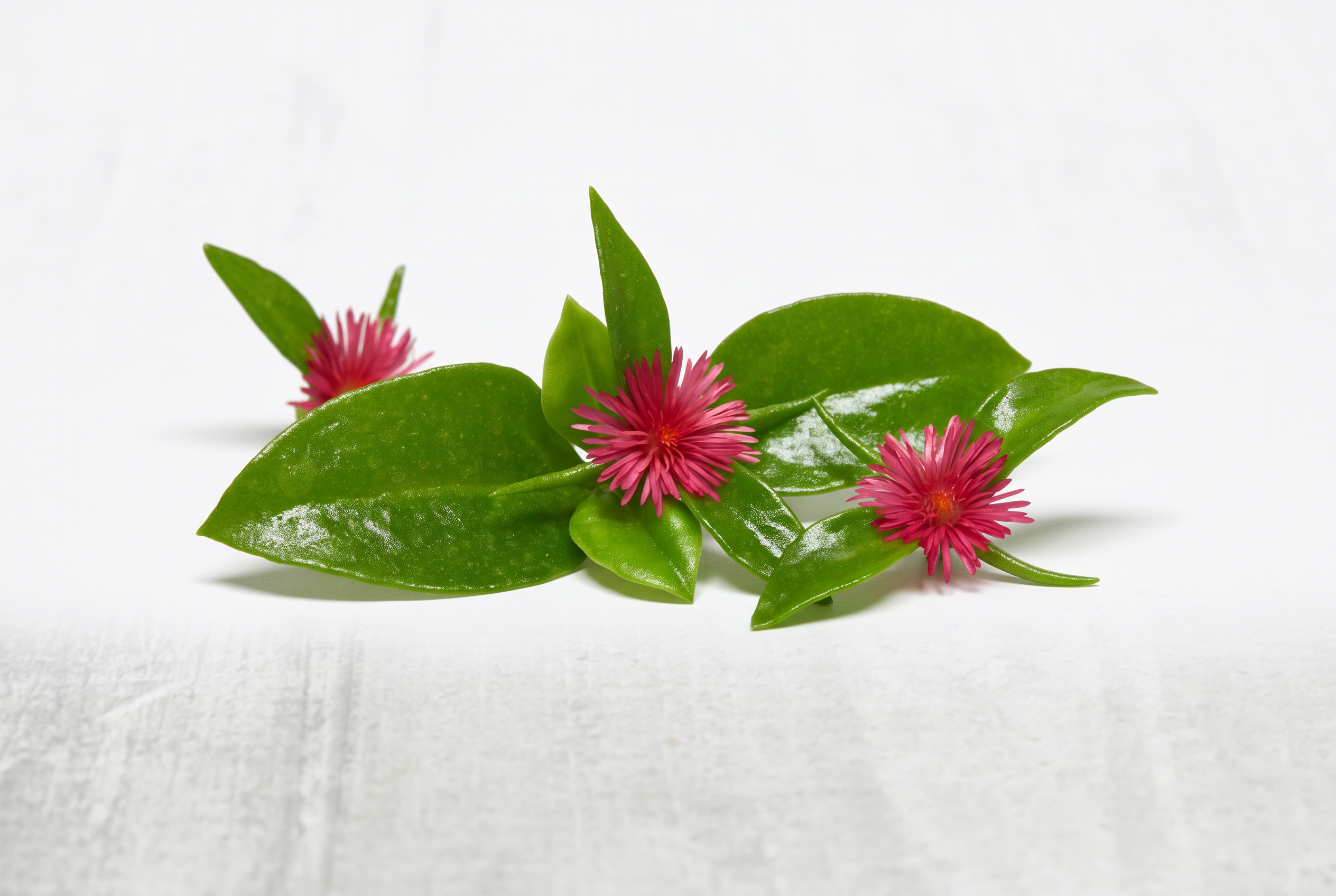 Heart Leaf Iceplant succulent green leaves and rose-red blooms on light background