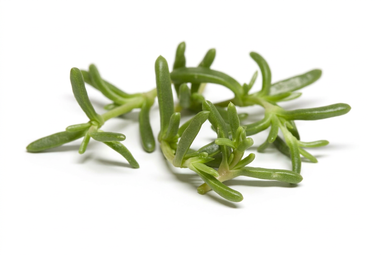 Fresh Karkalla plump slender leaves on light background